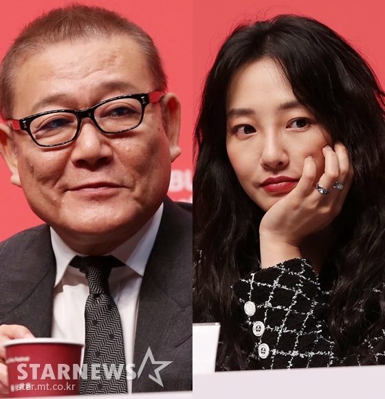 일본배우 쿠니무라 준과 중국배우 바이바이 허가 5일 부산국제영화제 공식 기자회견에서 욱일기 논란과 판빙빙 사건에 대해 질문을 받고 고민하고 있다/사진=김휘선 기자
