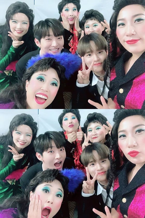 프로젝트 그룹 셀럽파이브(송은이, 안영미, 신봉선, 김신영, 김영희)와 그룹 워너원 멤버 윤지성, 이대휘 /사진=신봉선 인스타그램