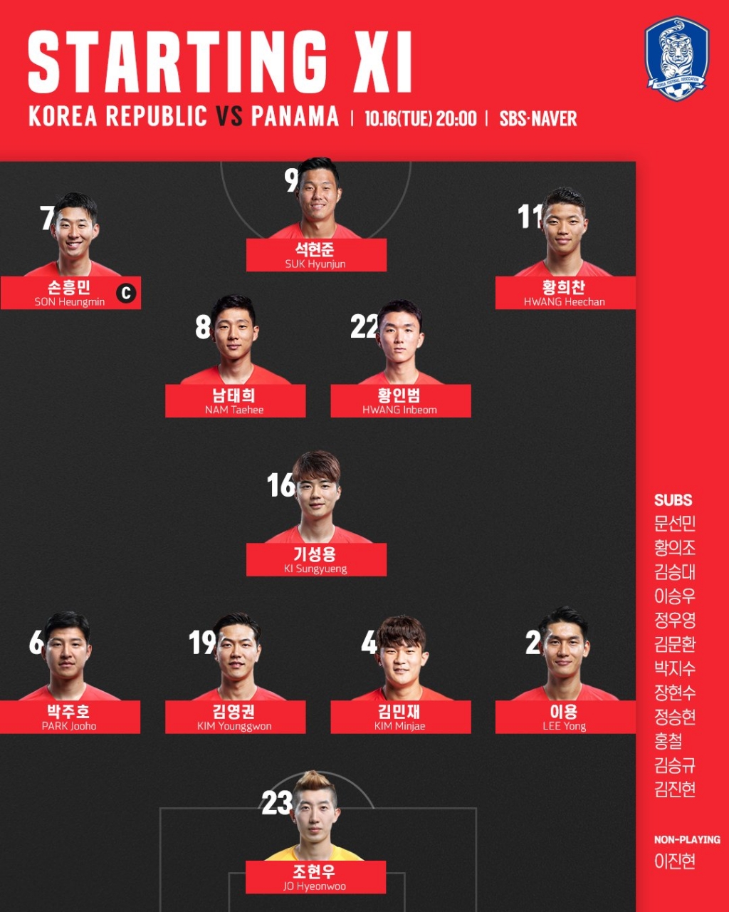 선발 라인업 /사진=대한축구협회 트위터