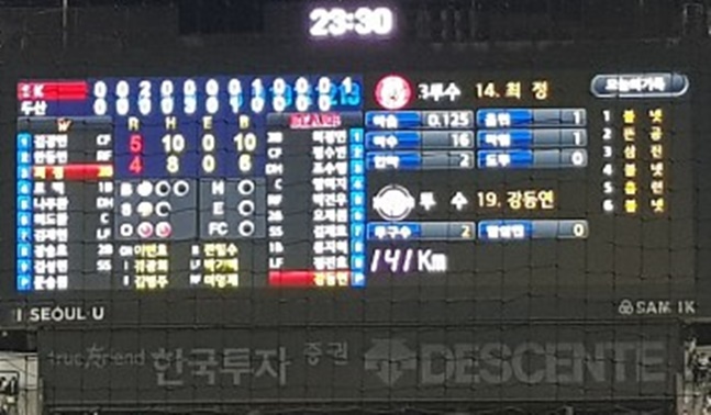 지난 12일 연장 13회 스코어를 표기한 잠실구장 전광판. /사진=김우종기자