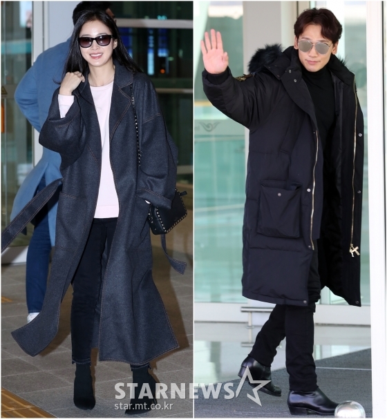 배우 김태희, 가수 비가 23일 오후 인천공항을 통해 각각 베트남 하노이와 싱가포르로 출국했다. / 사진=임성균 기자, 김휘선 기자