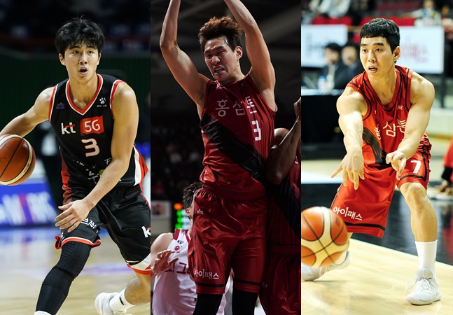 KGC로 이적하는 박지훈(좌)과 KT 유니폼을 입게 된 한희원(중)과 김윤태(우). /사진=KBL 제공