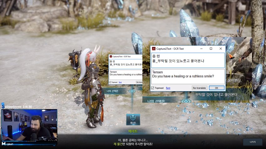 대부분 번역기를 사용해 퀘스트 중요 부분을 진행한다 (사진 출처: DatModz 트위치)