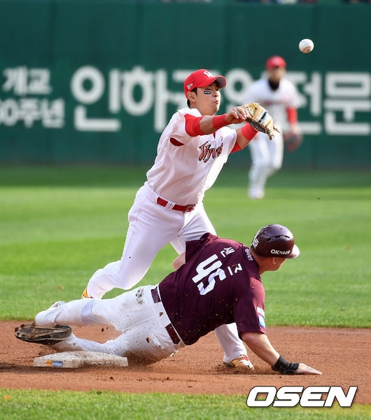 2018 플레이오프에서 SK 강승호(위)와 넥센 샌즈가 2루에서 충돌하는 장면. /사진=OSEN