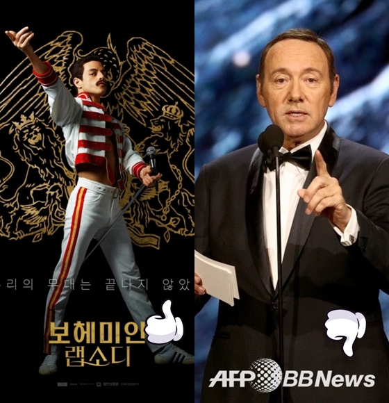 '보헤미안 랩소디'가 2018년 마지막 주말 900만명을 돌파하는 반면 케빈 스페이시가 18세 소년 성추행 혐의로 기소됐다/사진='보헤미안 랩소디' 포스터,AFPBBNews=뉴스1