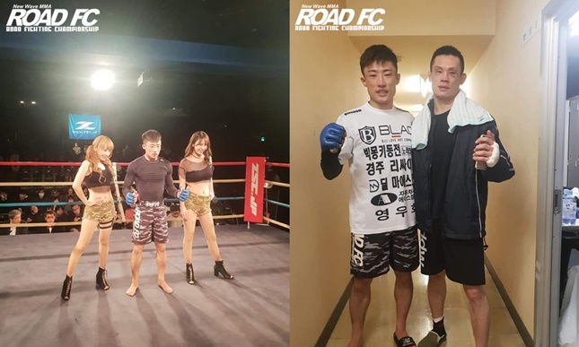 정원희(왼쪽 사진 가운데, 오른쪽 사진 왼쪽). / 사진=ROAD FC 제공