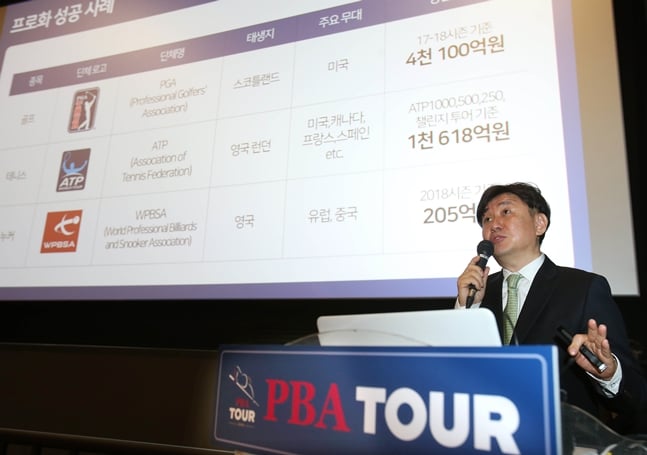 21일 신도림 씨네큐에서 진행된 프로당구 PBA TOUR 출범 선포식에서 프로당구추진위원회 위원이자 브라보앤뉴 장상진대표가 PBA TOUR 출범과 관련 설명을 하고 있다./사진=프로당구추진위원회