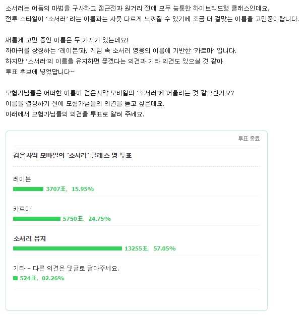 공식 카페에서 진행했던 이름 투표. 결국 소서러로 정해졌습니다.