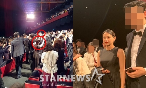 '악인전' 미드나잇 스크리닝 시사에 참여한 윤승아. 시사 후 남편 김무열의 영상을 찍고 있다 / 사진=스타뉴스