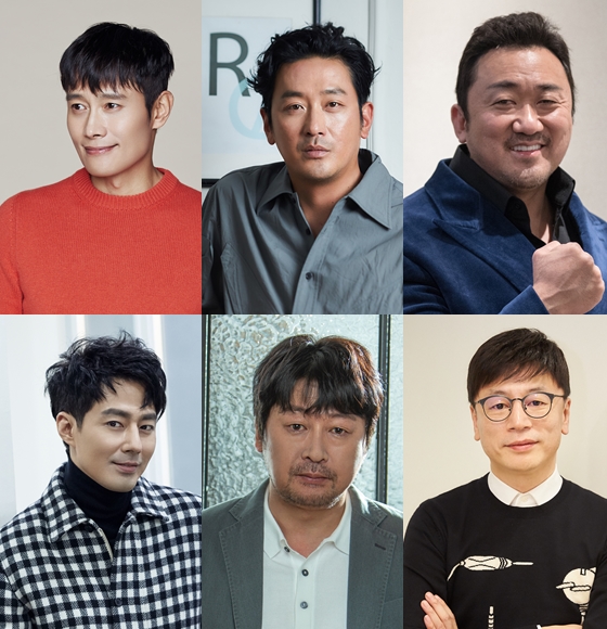 이병헌과 하정우,마동석 '백두산' 출연 배우. 조인성과 김윤석 '탈출' 주연 배우. '더문'을 준비중인 김용화 감독.