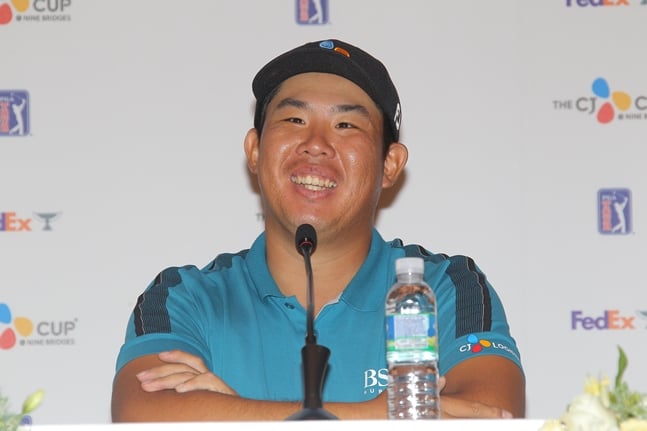 1라운드 종료 후 기자회견에 나선 안병훈./사진=JNA GOLF