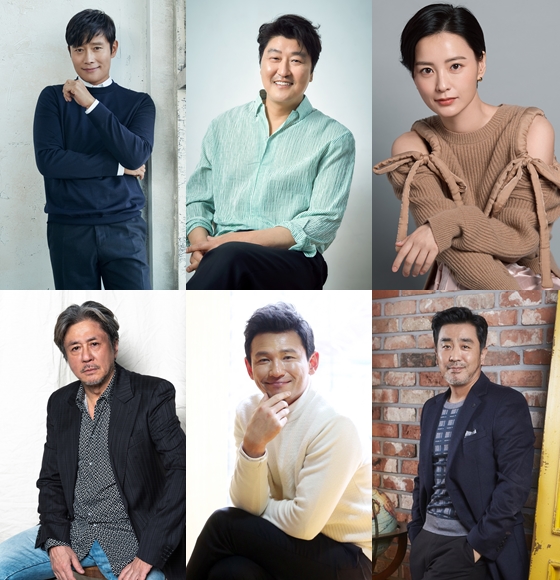 이병헌, 송강호, 정유미,류승룡, 황정민, 최민식(왼쪽 상단부터 시계방향으로) 2020년 쇼박스, NEW 등의 영화들의 주역들.