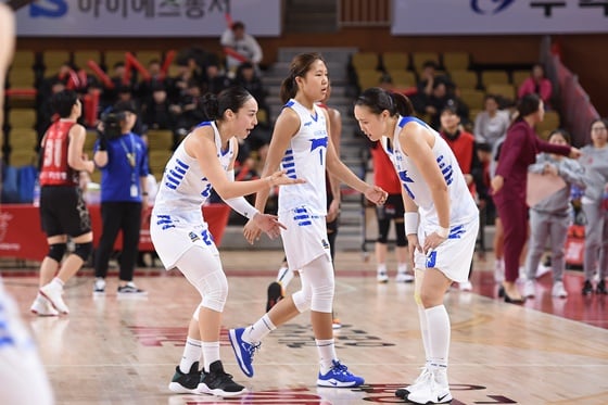 김소니아(맨 왼쪽), 박지현(가운데), 김정은. /사진=WKBL