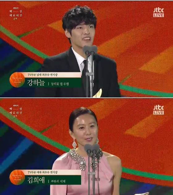 강하늘, 김희애 /사진=JTBC '제 56회 백상예술대상' 방송화면 캡처