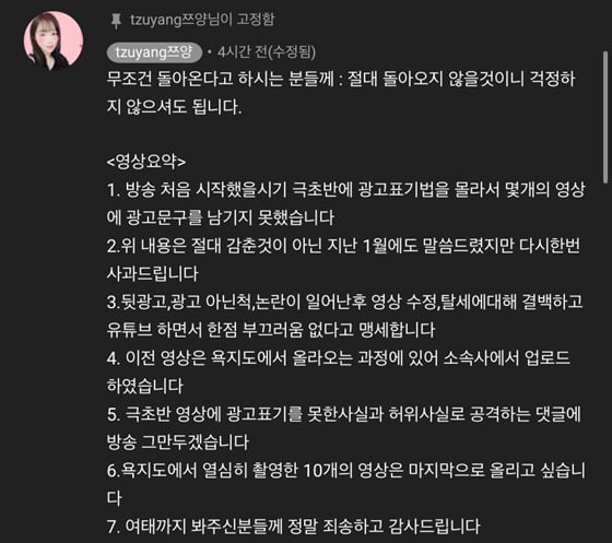 /사진=쯔양 유튜브 채널 댓글 캡처