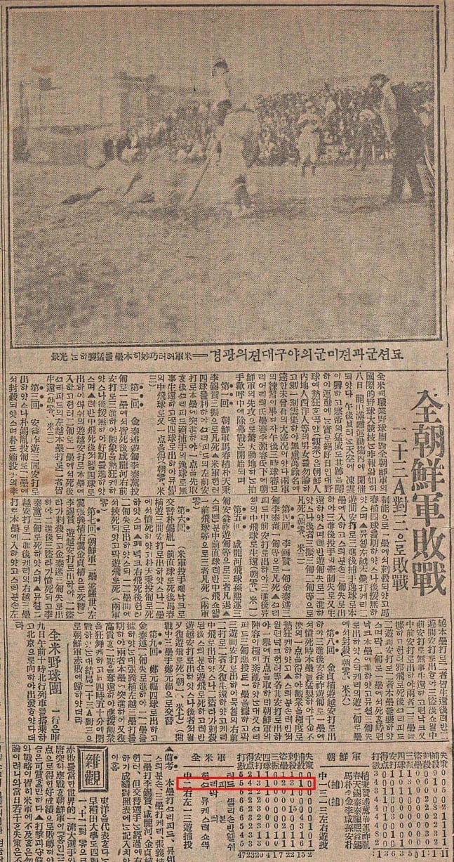 1922년 12월 10일자 매일신보 기사. 경기 내용이 소개된 가운데, 2번 타자로 나선 윌리엄스의 외조부 버트 그리피스의 이름이 보인다(빨간색 네모). /사진 출처=국립중앙도서관 대한민국 신문 아카이브