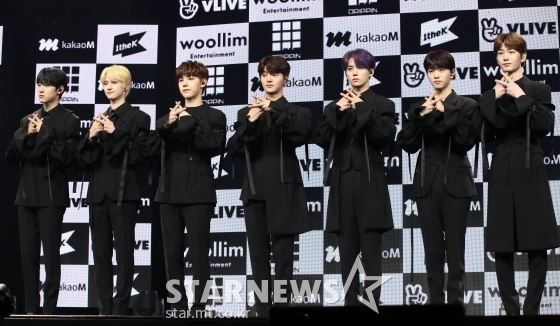 그룹 드리핀 황윤성, 이협, 주창욱, 김동윤, 김민서, 차준호, 알렉스가 28일 오후 서울 용산구 한남동 블루스퀘어에서 열린 미니 1집 '보이저(Boyager)'를 발매기념 쇼케이스를 열고 파이팅을 외치고 있다. / 사진=임성균 기자 tjdrbs23@
