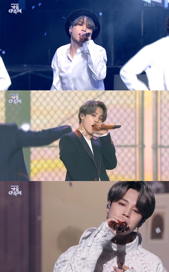 방탄소년단 지민(BTS JIMIN)의 'I NEED U', 'Dynamite', 'Life Goes On' 공연 모습(위부터) /사진=KBS '가요대축제' 화면 캡쳐