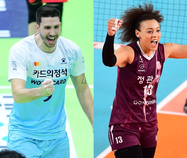V리그 3라운드 MVP로 선정된 우리카드 알렉스(왼쪽)과 KGC인삼공사 디우프./사진=KOVO