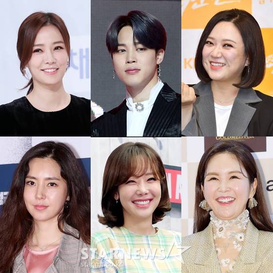 배우 손태영(왼쪽 위부터 시계방향), 그룹 방탄소년단 지민, 방송인 김숙, 장영란, 배우 소유진, 한채아 /사진=스타뉴스