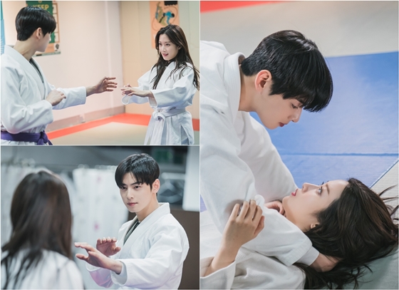 tvN 수목드라마 '여신강림'의 문가영, 차은우의 주짓수 데이트 장면이 포착됐다./사진제공=tvN 수목드라마 '여신강림'