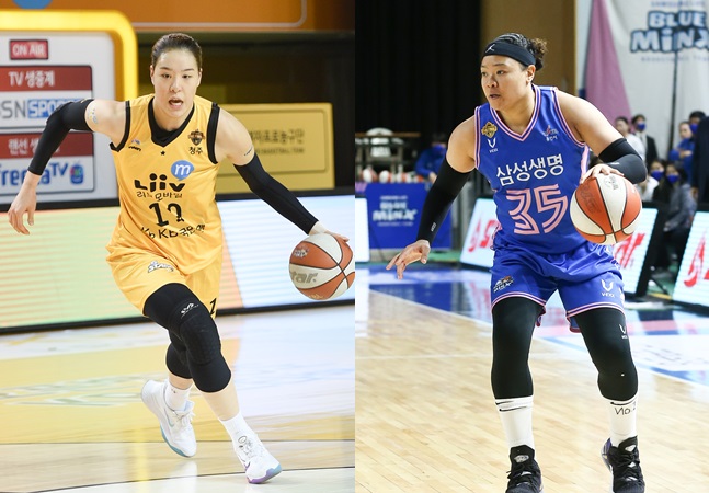 KB스타즈 박지수(왼쪽)와 삼성생명 김한별. /사진=WKBL 제공