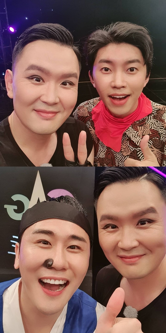 개그맨 윤형빈이 TV조선 '뽕숭아학당: 인생학교' 임영웅(사진 위 오른쪽), 영탁과 기념 사진을 남겼다./사진=윤형빈 인스타그램