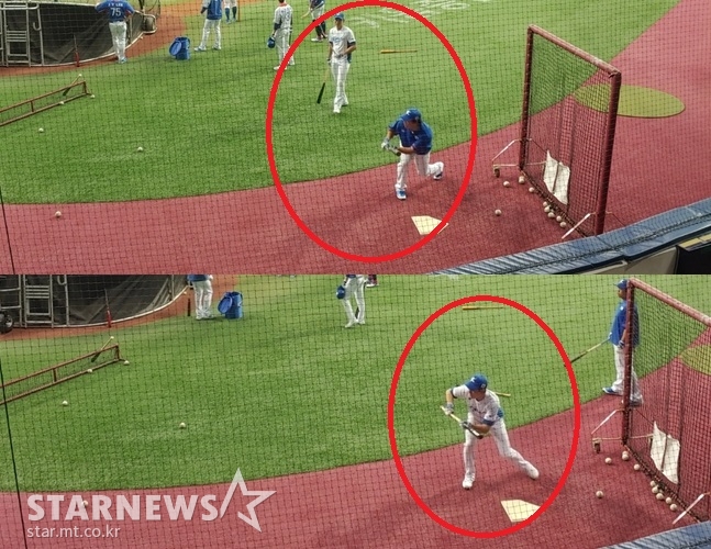강백호(위)와 이정후(아래)가 번트 연습을 하고 있다. /사진=한동훈 기자