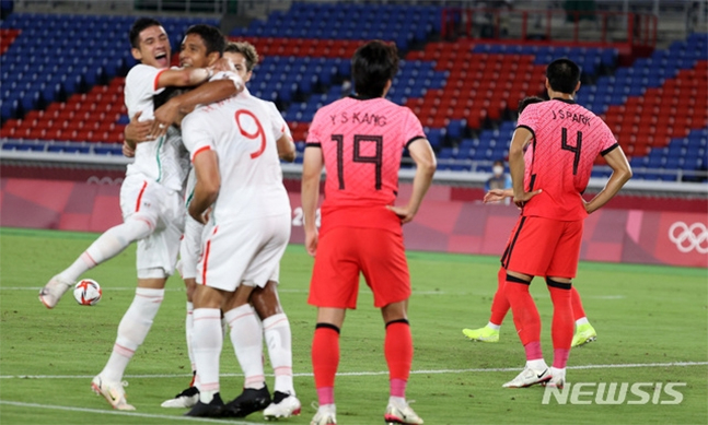 31일 2020 도쿄올림픽 남자축구 8강전 대한민국과 멕시코의 경기 전반전 멕시코 마틴에게 선제골을 내준 대한민국 선수들이 아쉬워 하고 있다. /사진=뉴시스