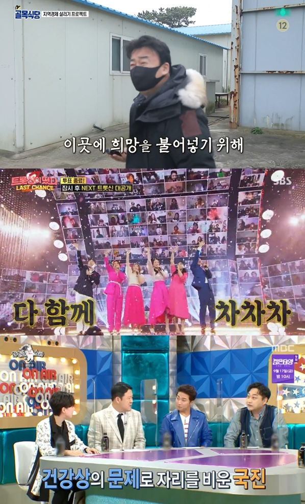 코로나19 사태로 달라진 제작 환경 /사진='백종원의 골목식당', '트롯신이 떴다', '라디오스타' 방송 화면 캡처