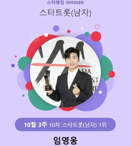 가수 임영웅이 스타트롯 남자 랭킹 10월 3주차(10차) 투표에서 1위를 기록했다./사진=스타트롯 남자 랭킹