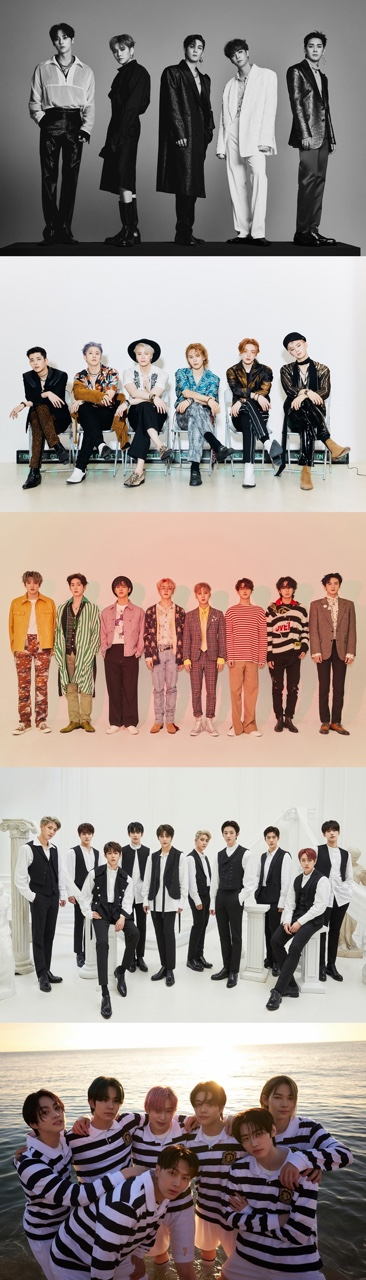 /사진제공=플레디스 엔터테인먼트(뉴이스트), 판타지오(아스트로), 큐브 엔터테인먼트(펜타곤), 울림엔터테인먼트(골든차일드), 빌리프랩(엔하이픈)