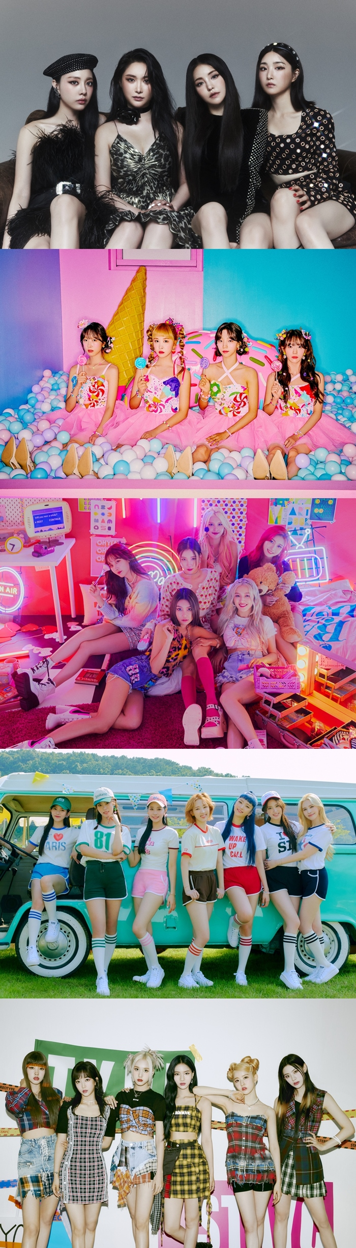 /사진제공=브레이브 엔터테인먼트(브레이브걸스), 스타쉽 엔터테인먼트(우주소녀 쪼꼬미), MLD엔터테인먼트(모모랜드), 플레이엠엔터테인먼트(위클리), 하이업엔터테인먼트(스테이씨)