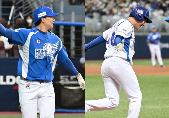 나란히 홈런포를 터뜨린 종범신팀 정해영(왼쪽)과 양신팀 원태인. /사진=OSEN