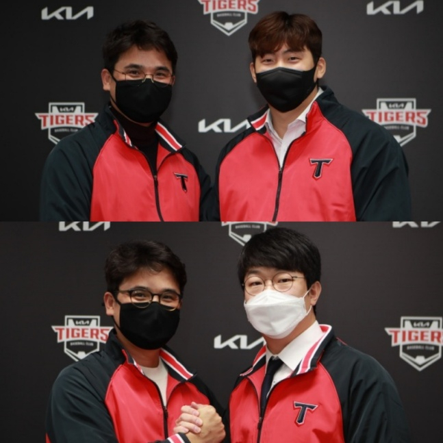 위는 장정석 KIA 단장(왼쪽)과 나성범, 아래는 장정석 KIA 단장과 양현종./사진=KIA 타이거즈