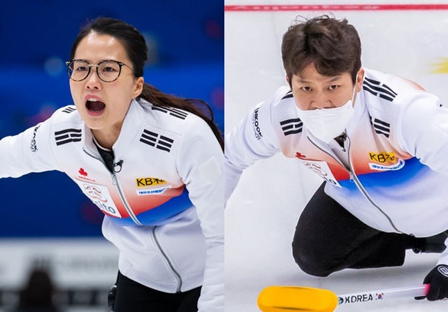 강릉시청 김은정(왼쪽)과 경북체육회 김창민. /사진=대한컬링연맹 제공