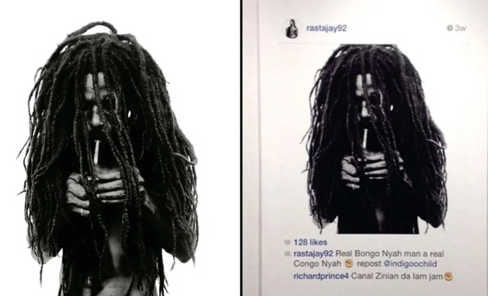 도널드 그레이엄(Donald Graham), '마리화나 담배를 피우는 래스터패리언(Rastafarian Smoking a Joint, 1996)' (좌); 리처드 프린스의 'New Portraits' 전시 중 한 작품 (우). 사진제공= Cited in court documents.