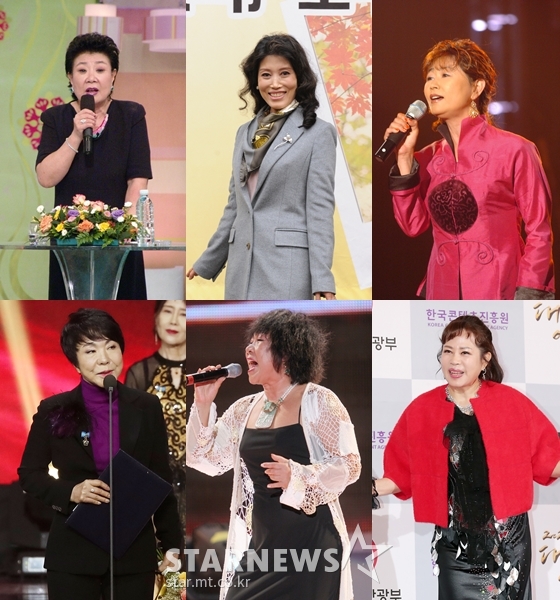 현미, 정훈희, 진미령, 이자연, 임희숙, 최진희(사진 왼쪽 위부터 시계방향)./사진=KBS(사진 위), 김휘선 기자 tndejrrh123@(최진희 사진), 홍봉진 기자 honggga@(임희숙 사진), 김창현 기자 chmt@(이자연사진)