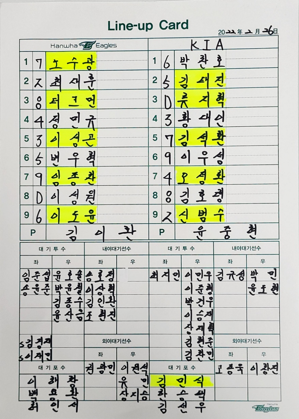 2월 26일 한화와 KIA의 연습경기 출전 명단. /사진=한화 이글스 제공