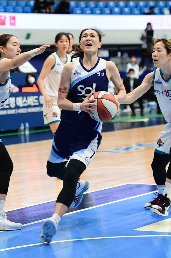 공격을 시도 중인 한채진(가운데). /사진=WKBL