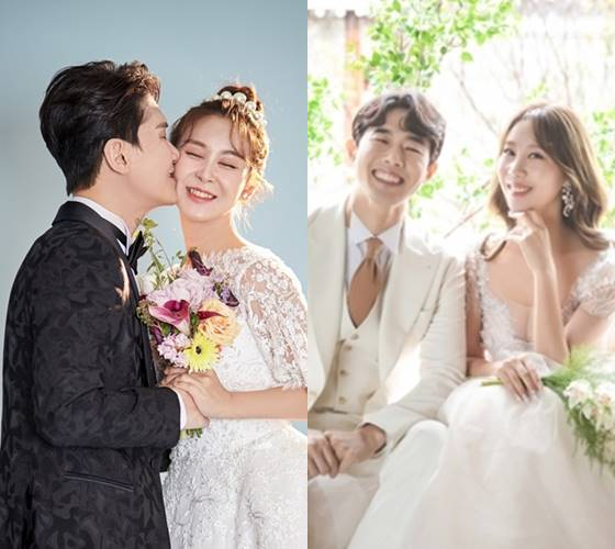 윤태화 커플, 김호창 커플 /사진=로미오프렌즈, 라비노체, 해피메리드컴퍼니, 웨딩디렉터봉드, 스플렌디노, 닉스플로스, 정민경스타일리스트, 빈헤어, 웨딩21매거진, 어반스튜디오, 로자스포사, 딩디렉터봉드, 웨딩미, 규중칠우, 쇼위플라워, 비올뷰티, 손은임대표
