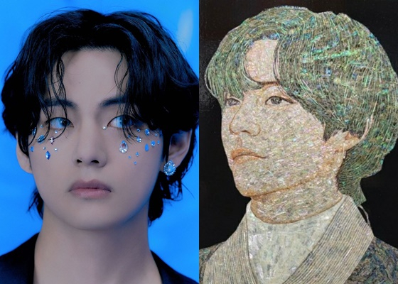 방탄소년단 뷔와 김일중 작가의 화랑미술제 작품(오른쪽)