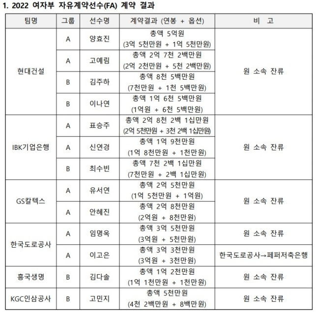 V리그 여자부 2022 FA 결과./사진=한국배구연맹