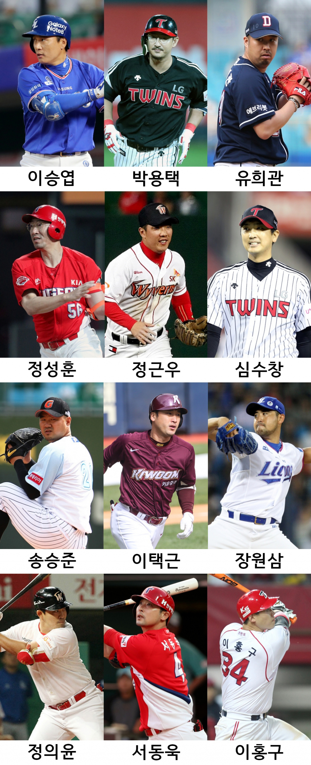 사진제공=이승엽(삼성 라이온즈), 박용택(LG 트윈스), 유희관(두산 베어스), 정성훈(기아 타이거즈), 정근우(SK 와이번스, 現 SSG 랜더스), 심수창(LG 트윈스), 송승준(롯데 자이언츠), 이택근(키움 히어로즈), 장원삼(삼성 라이온즈), 정의윤(SK 와이번스, 現 SSG 랜더스), 서동욱, 이홍구(기아 타이거즈)