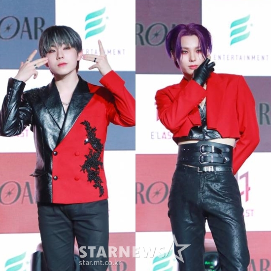 그룹 엘라스트(E'LAST) 원준(좌)과 원혁(우)이 27일 오후 서울 청담동 일지아트홀에서 진행된 미니 3집 앨범 '로어'(ROAR) 발매기념 쇼케이스에서 포즈를 취하고 있다. '로어'(ROAR)는 그동안 선보인 엘라스트 세계관의 절정을 포효한 앨범이다. 타이틀곡 '크리처(CREATURE)'는 무수한 오해들로 '너'를 떠나 괴물이 되어야만 했던 '나'의 모습을 '상처 가득한 늑대인간'에 빗대어 여러 감정과 심리적인 상태를 표현한 곡이다. /2022.04.27