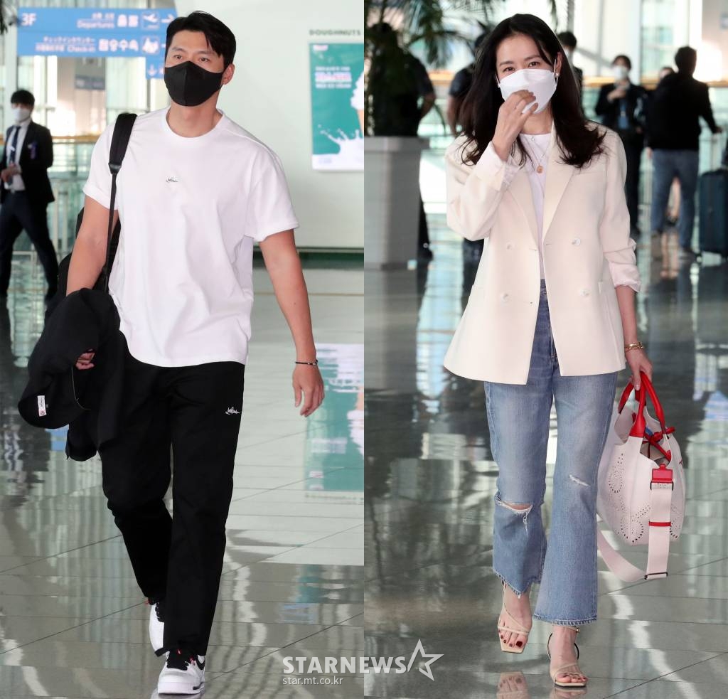 배우 현빈, 손예진 부부가 11일 오후 인천국제공항을 통해 미국으로 신혼여행을 떠나고 있다. 2022.04.11 /사진=임성균 기자 tjdrbs23@
