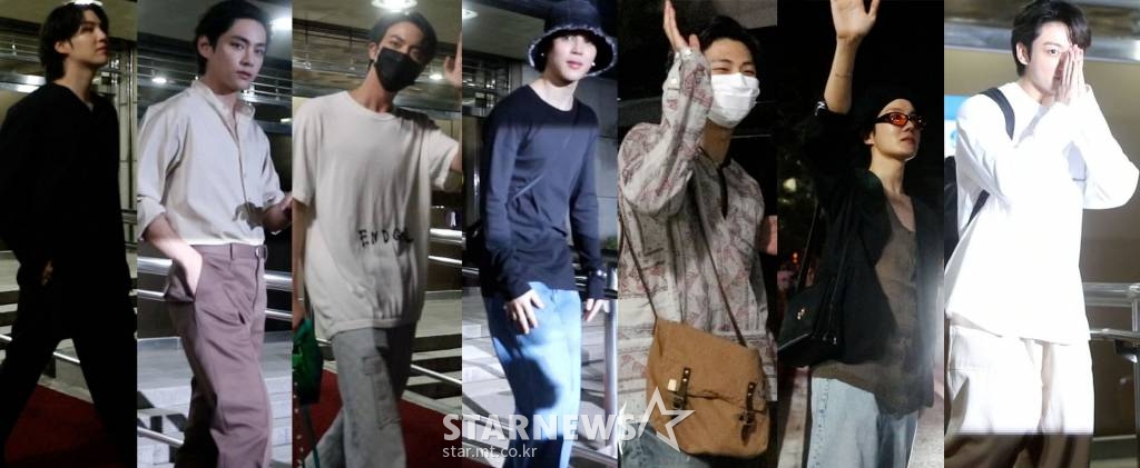 그룹 방탄소년단 슈가, 정국, 진, RM, 제이홉, 뷔, 지민이 11일 새벽 서울 여의도 KBS공대홀에서 진행된 '뮤직뱅크' 사전녹화를 마치고 나서고 있다. 2022.06.11 /사진=임성균 기자 tjdrbs23@