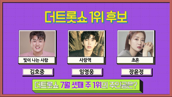 SBS FiL, SBS M '더 트롯쇼' 7월 셋째 주 1위 후보에 김호중의 '빛이 나는 사람', 임영웅의 '사랑역', 장윤정의 '초혼'이 올랐다./사진=SBS FiL