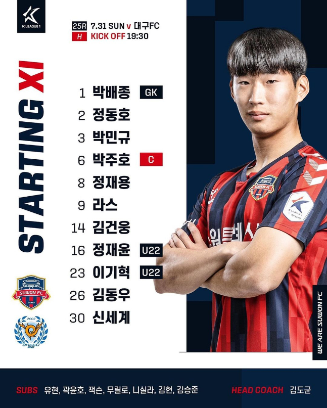 대구FC전 수원FC 선발 라인업. /사진=수원FC