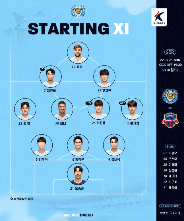 수원FC전 대구FC 선발 라인업. /사진=대구FC